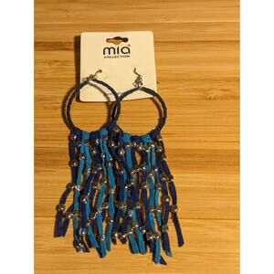 Mia Collection Earrings Braided Hoop Blue & Turquoise Dangling Silvertone Cubes